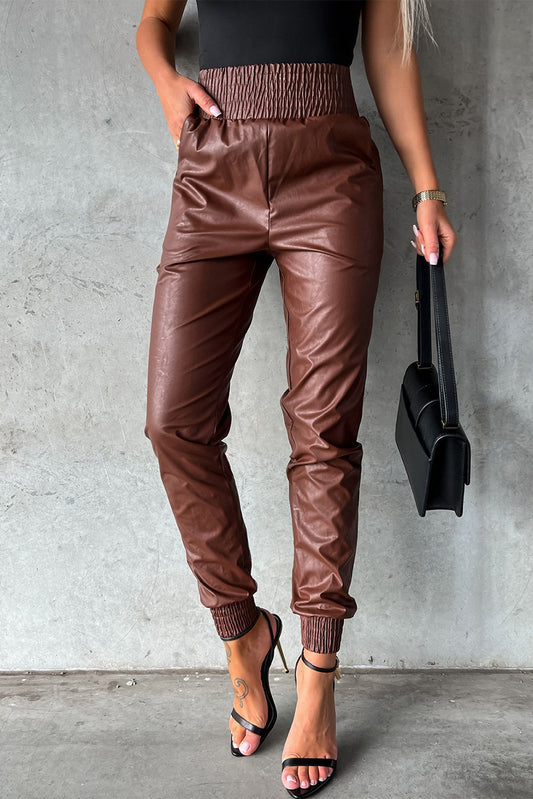 Brown Smocked High-Waist Leather Skinny Pants