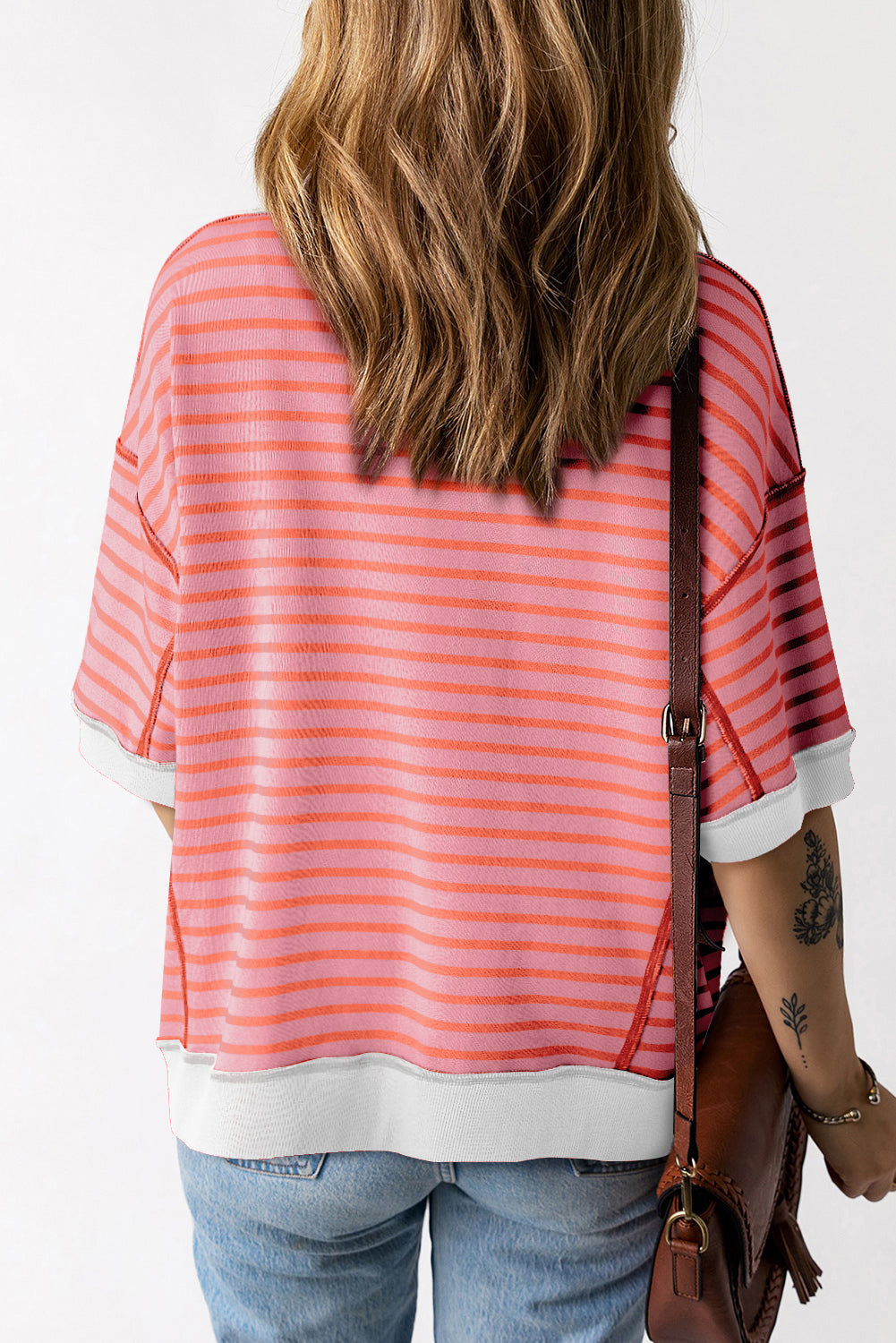 Orange Stripe Oversized Contrast Trim Exposed Seam High Low T Shirt