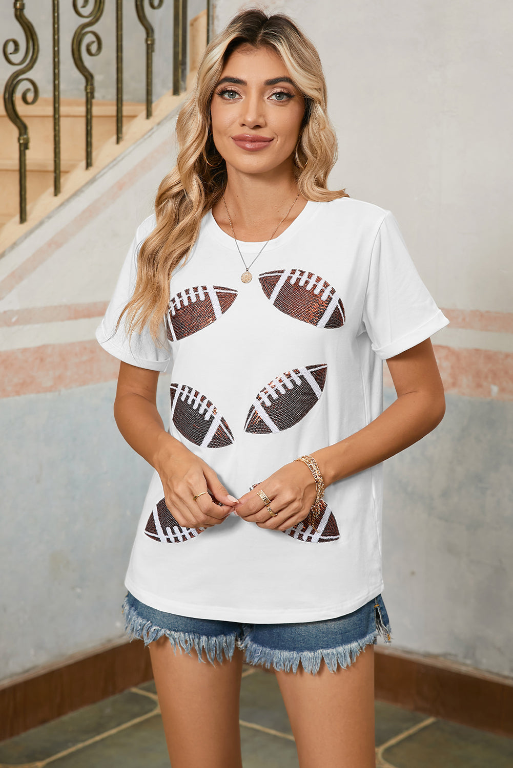 White Sequined Rugby / Football Graphic T Shirt