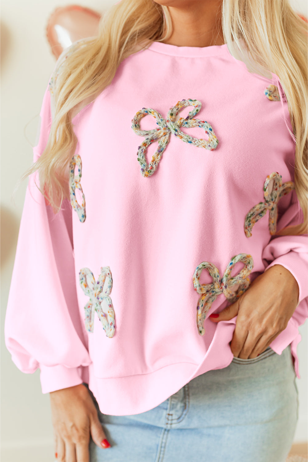 Parchment Embroidered Bow Lantern Sleeve Oversized Pullover Sweatshirt