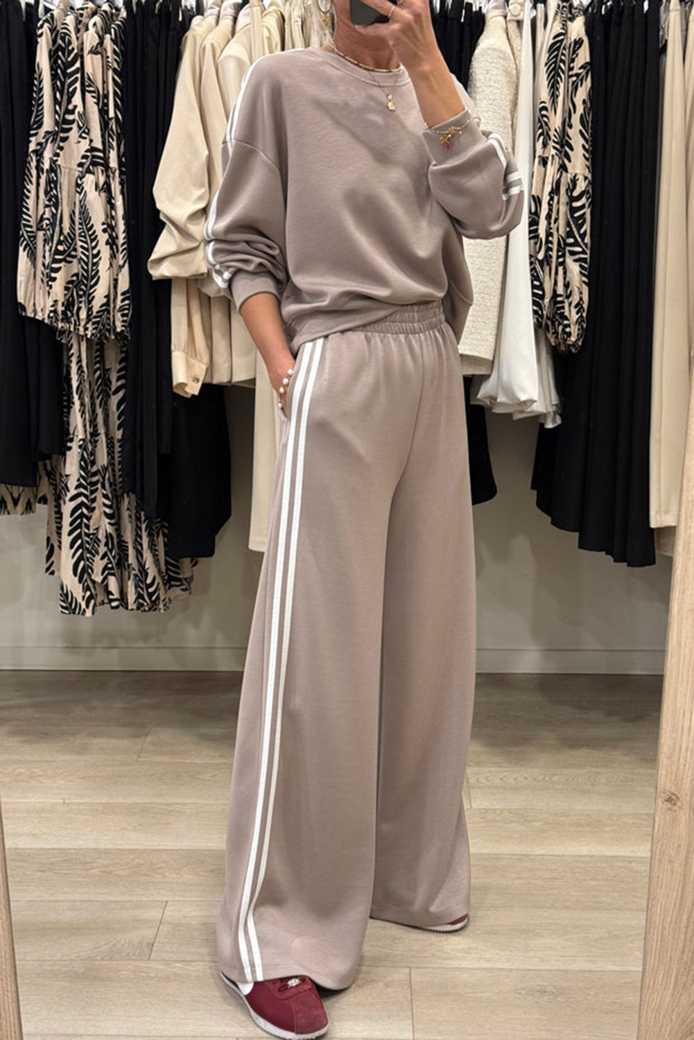 Fiery Red Varsity Striped Detail Crewneck Pullover Elastic Sweatpants 2pcs Outfit