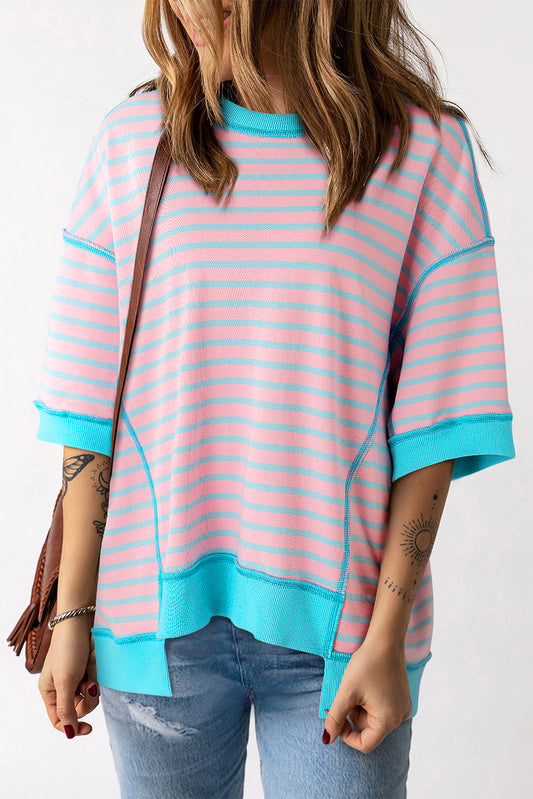 Pink Stripe Oversized Contrast Trim Exposed Seam High Low T Shirt