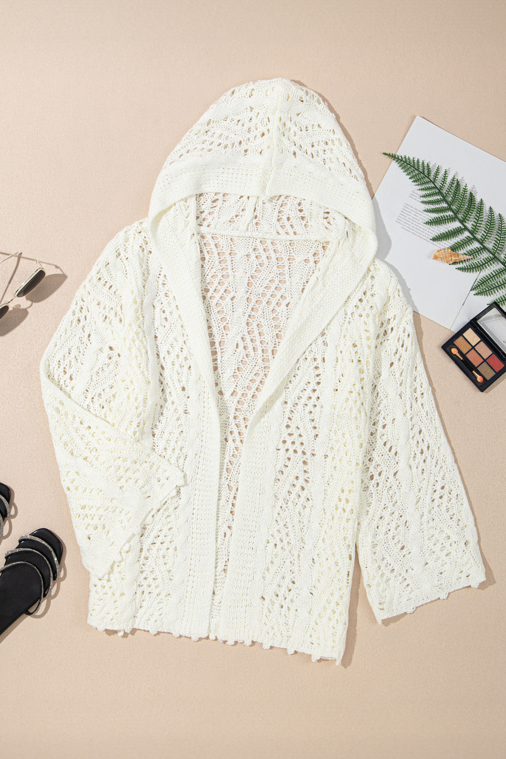 White Fashion Open Knit Hooded Beach Cover Up