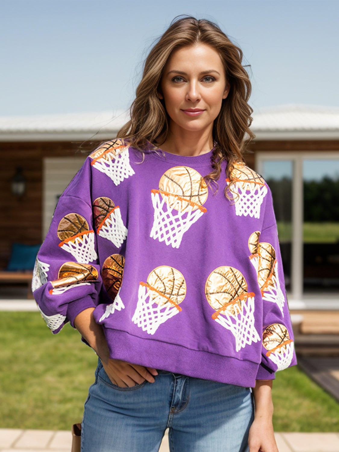 Basketball Patch Game Day Round Neck Long Sleeve Sweatshirt