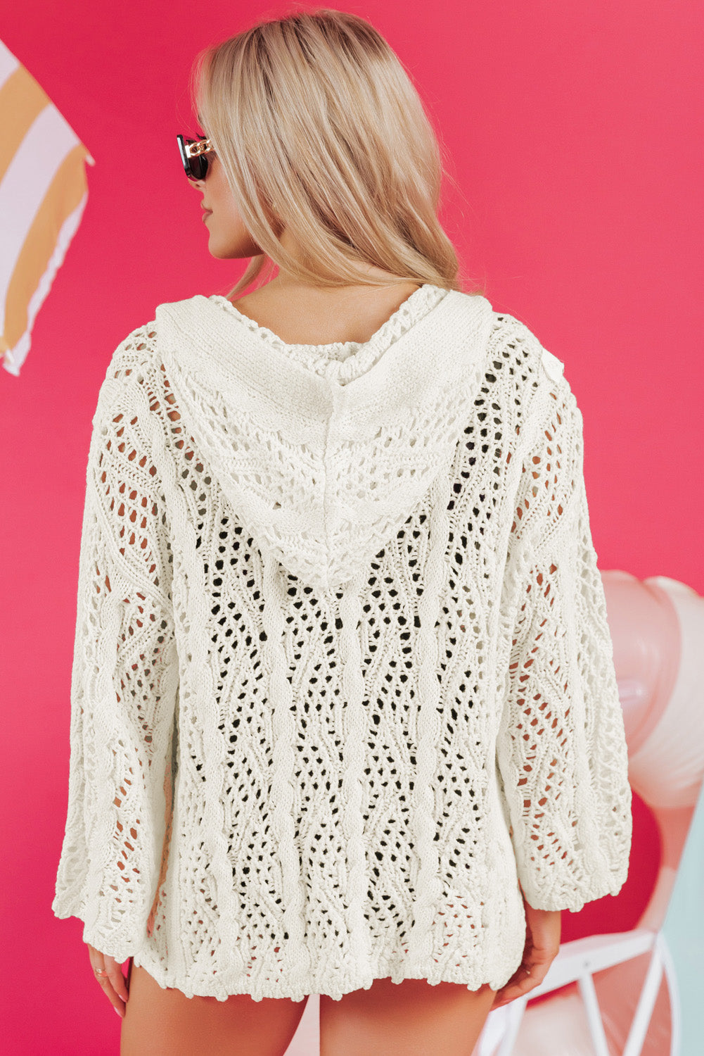 White Fashion Open Knit Hooded Beach Cover Up