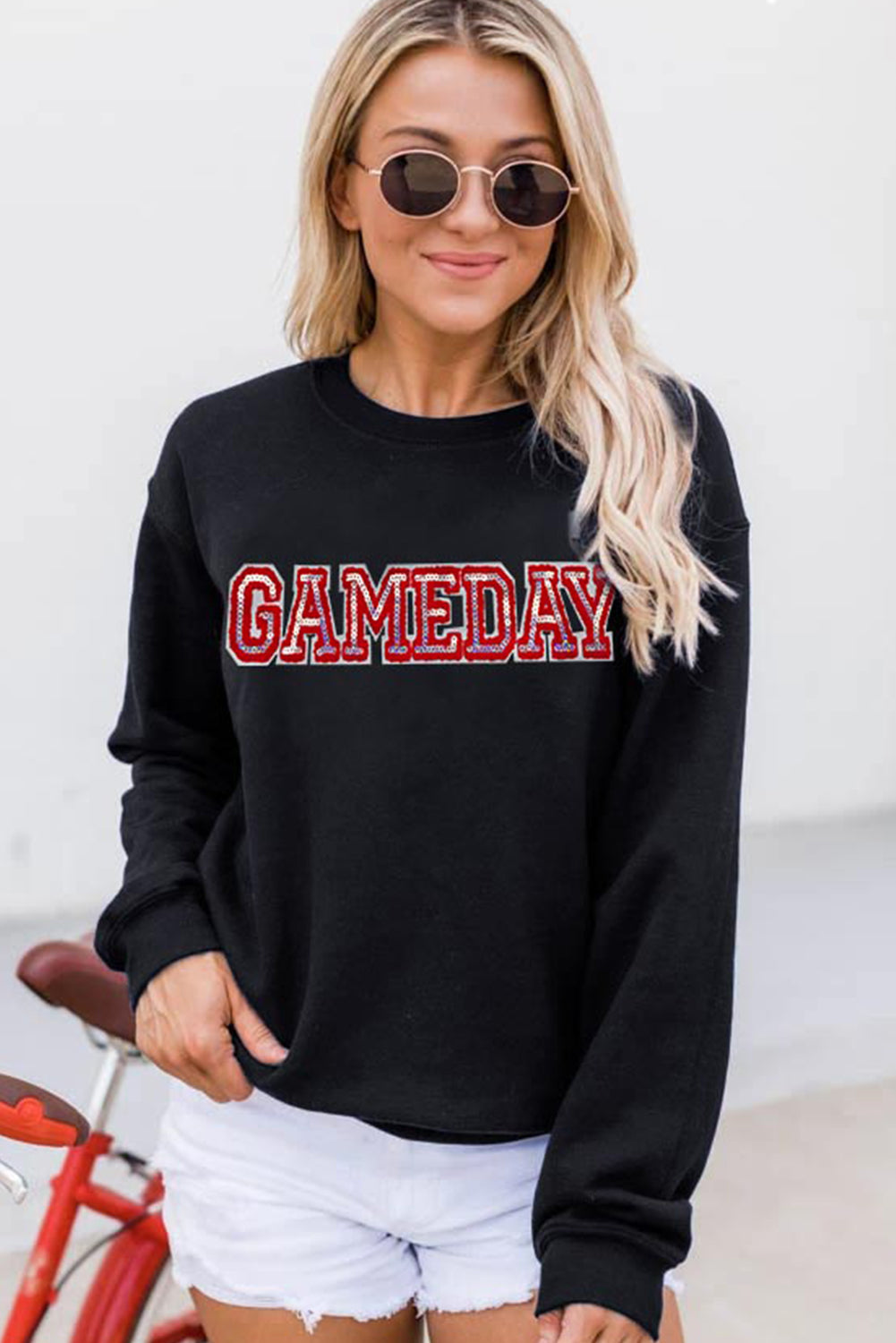 Black GAME DAY Sequined Patched Crew Neck Pullover Sweatshirt