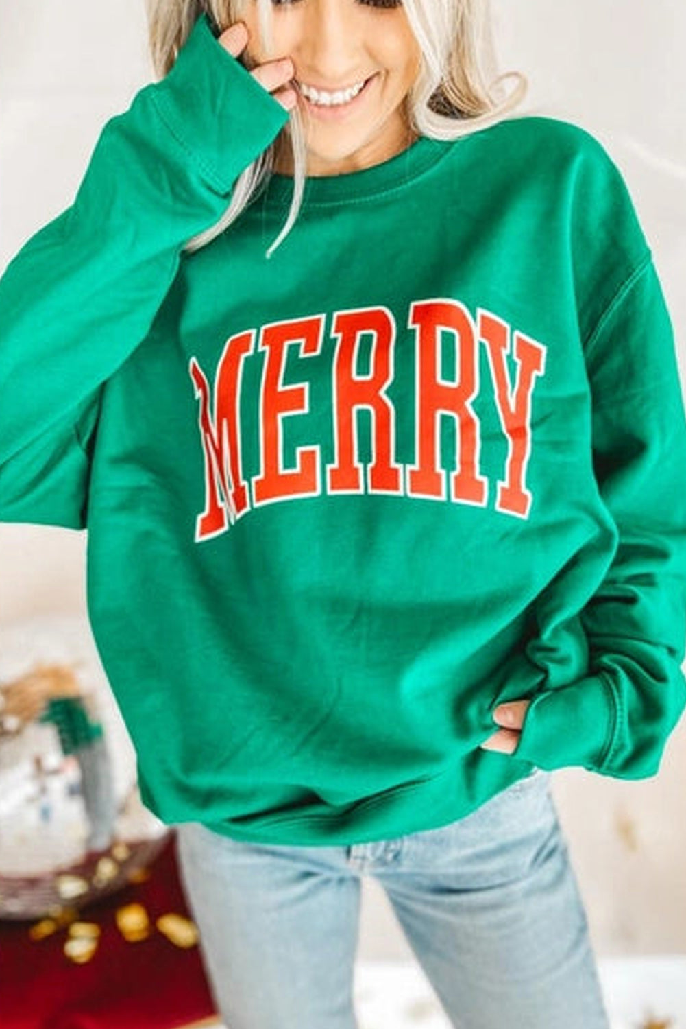 Green LUCKY Aphabet Chenille Embroidered Pullover Sweatshirt