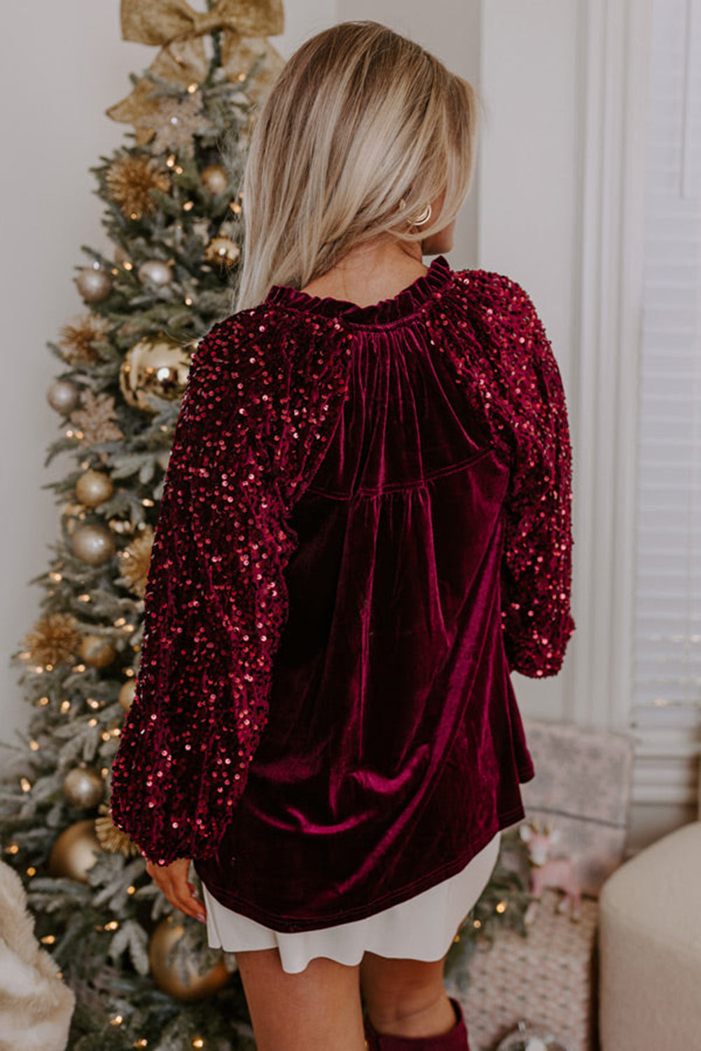 Evergreen Sequin Patchwork Sleeve Button Up Velvet Top