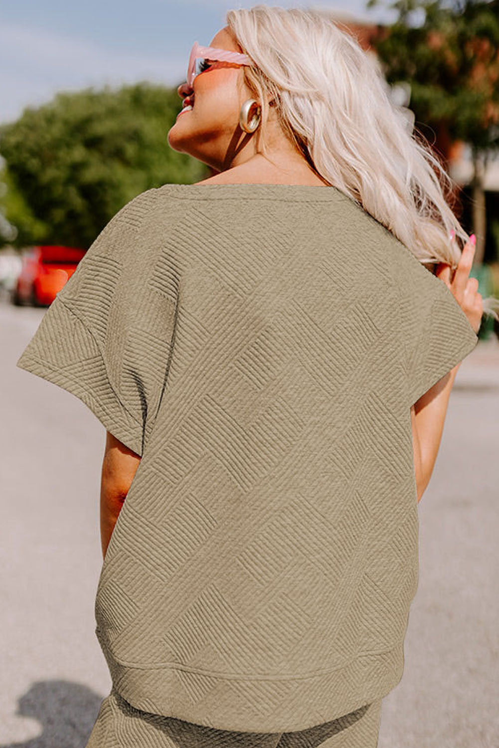 Dark Green Textured Loose Fit T Shirt and Drawstring Pants Set