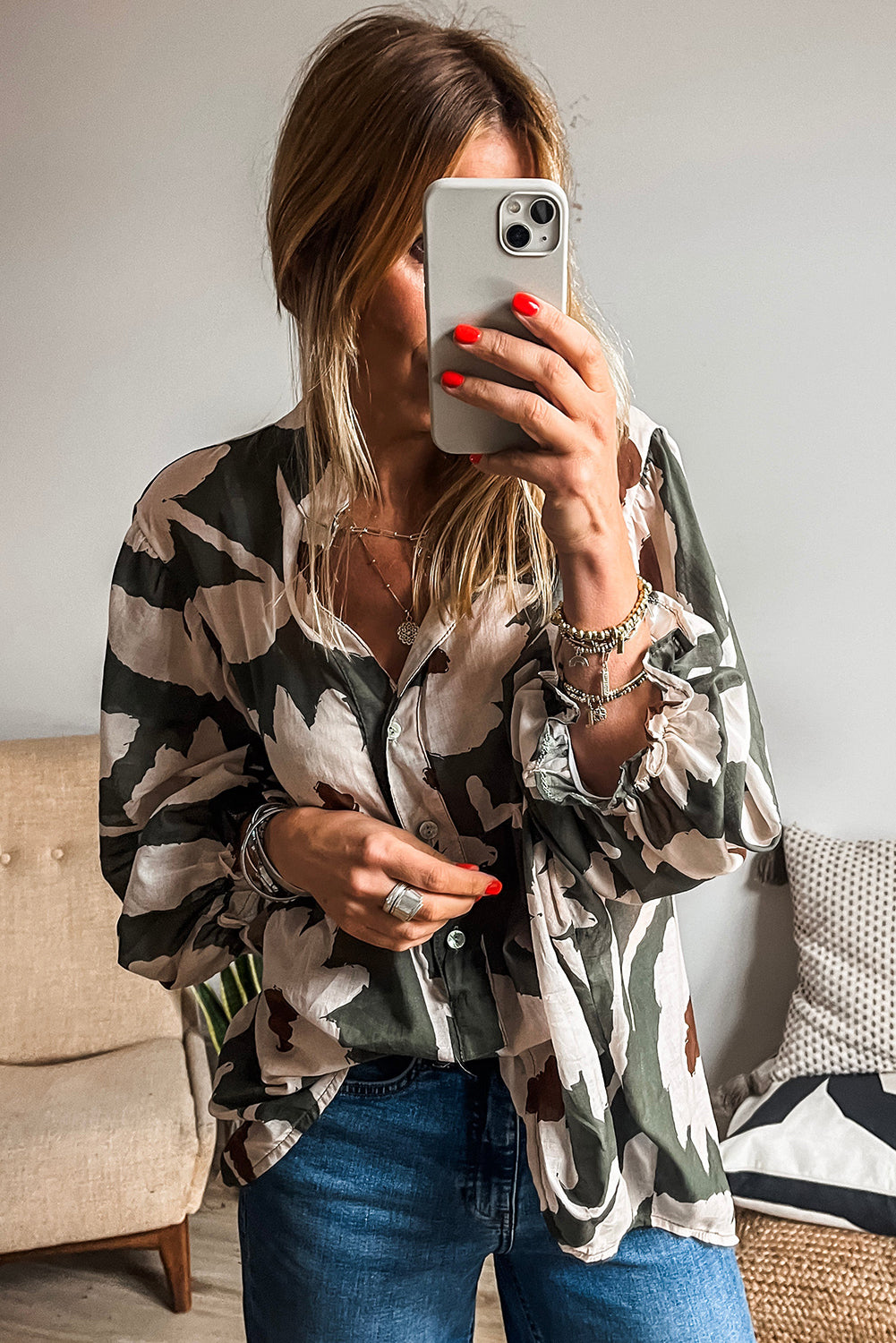 Sail Blue Abstract Floral Print Puff Sleeve Half Button Blouse