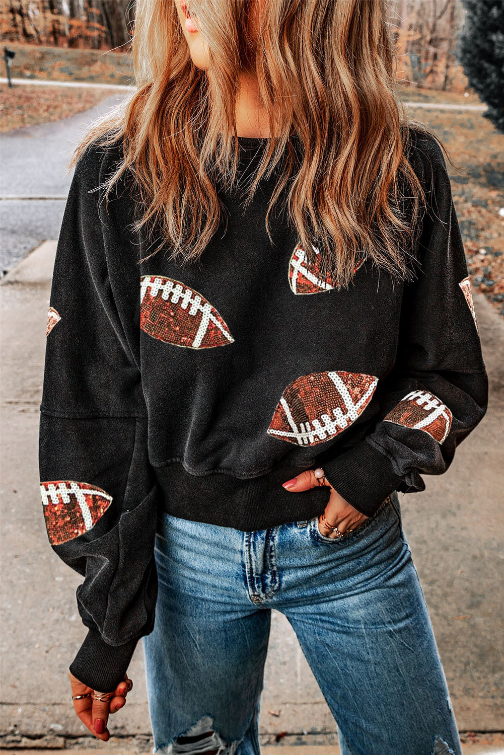 Black Sequined Football Graphic Open Back Cropped Sweatshirt