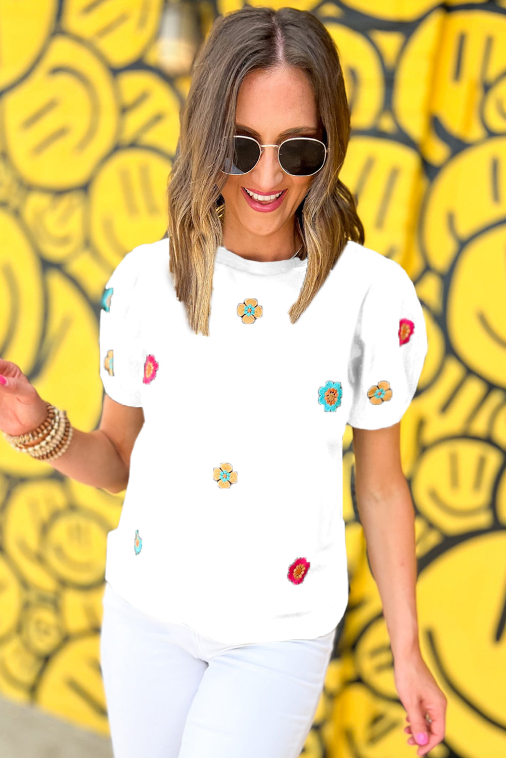 Black Embroidered Flower Short Puff Sleeve Tee